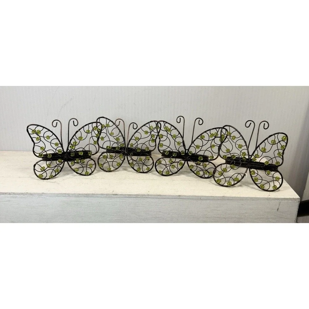 Set of 4 Butterfly Napkin Rings Green Beads Brown Wire Spring Table Decor